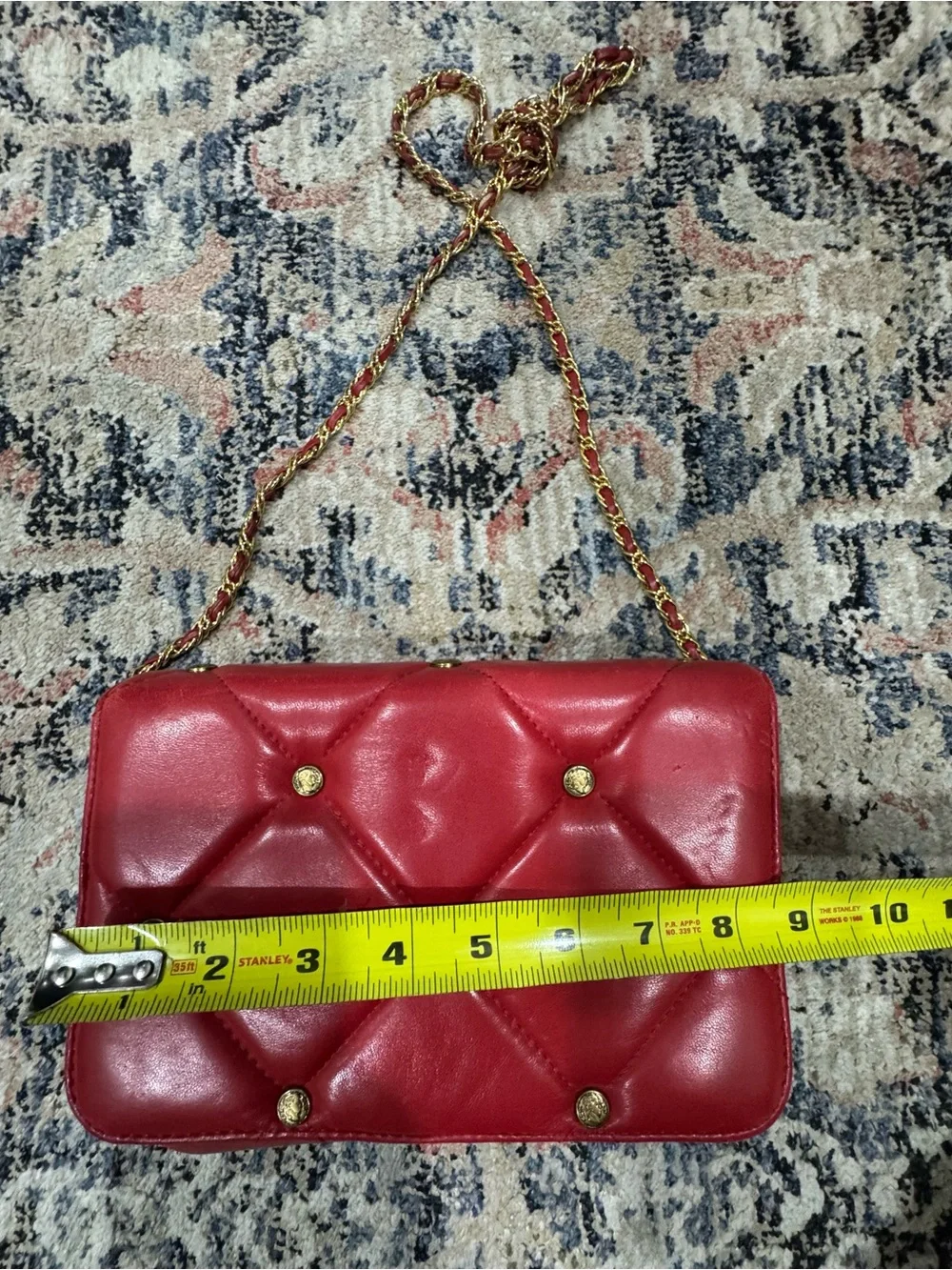 Vintage L.J. Simone Red Quilted Shoulder Bag with Greco-Roman Coin accents